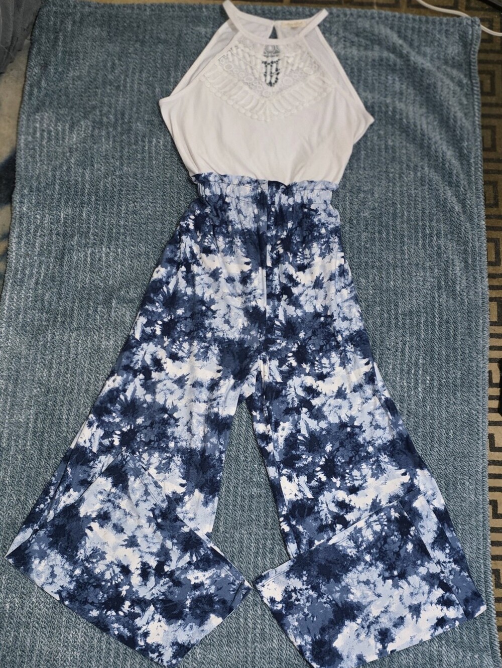 Soft And Stretchy Women's White Halter Top with Blue Tie-Dye Wide Leg Jumpsuit